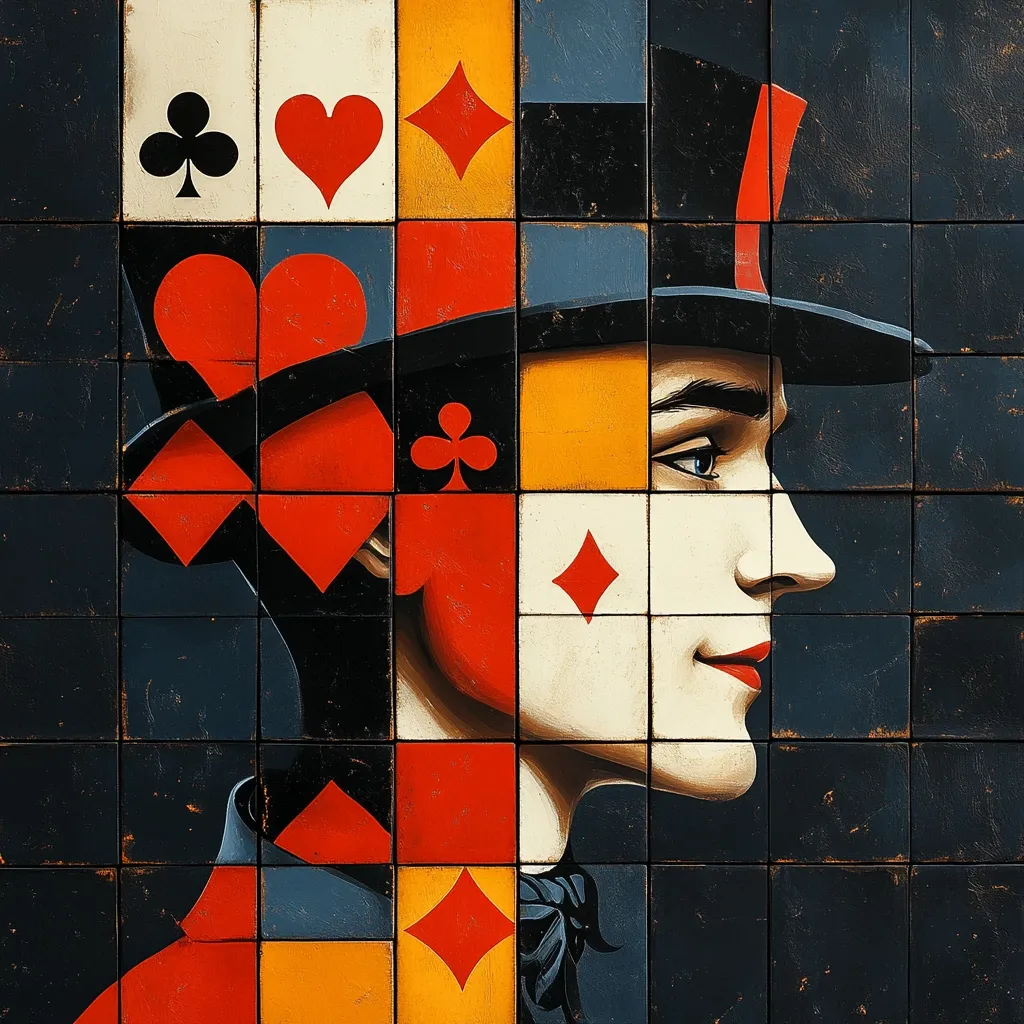 Here's a description of the image:

The artwork is a stylized portrait rendered in a grid of square tiles, reminiscent of a mosaic or a tiled wall. The subject is a person's profile, wearing a top hat, their face partially obscured and fragmented by the grid. The tiles are predominantly dark gray/black, punctuated by vibrant red, yellow, and white sections that form playing card suits – hearts, diamonds, clubs, and spades – across the face and hat. The overall style is bold, graphic, and slightly surreal, suggesting a blend of classical portraiture and modern pop art. The color palette is striking, with the contrasting tones drawing the viewer's eye to the fragmented visage.