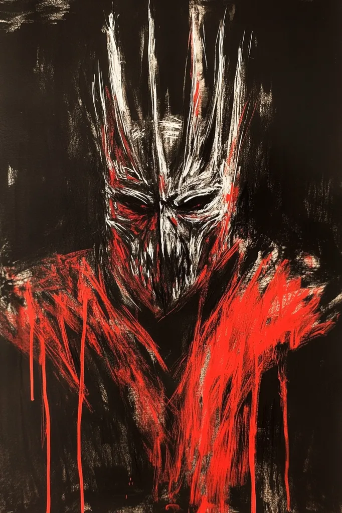 The artwork is a dramatic portrait of a figure wearing a crown and mask. The style is expressive and abstract, using black and red paint with white highlights to create a sense of depth and texture.  The crown is tall and jagged, suggesting power or malice. The mask is skull-like, with sharp edges and shadowed eyes, conveying a menacing presence. Red streaks, resembling blood or fire, cascade down the figure's body, intensifying the overall feeling of aggression and darkness.  The background is predominantly black, isolating the figure and highlighting its ominous presence.