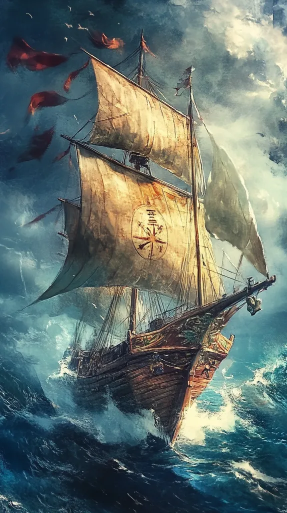 A majestic sailing ship, its weathered sails billowing, cuts through a tumultuous sea under a dramatic sky.  Dark, swirling clouds contrast with lighter patches suggesting a break in the storm.  Crimson flags flutter from the masts, adding to the sense of adventure and perhaps danger. The ship's main sail bears a large, symbolic emblem, hinting at a mysterious, possibly mystical, journey. The ocean waves are powerfully depicted, emphasizing the ship's strength and the intensity of the voyage.