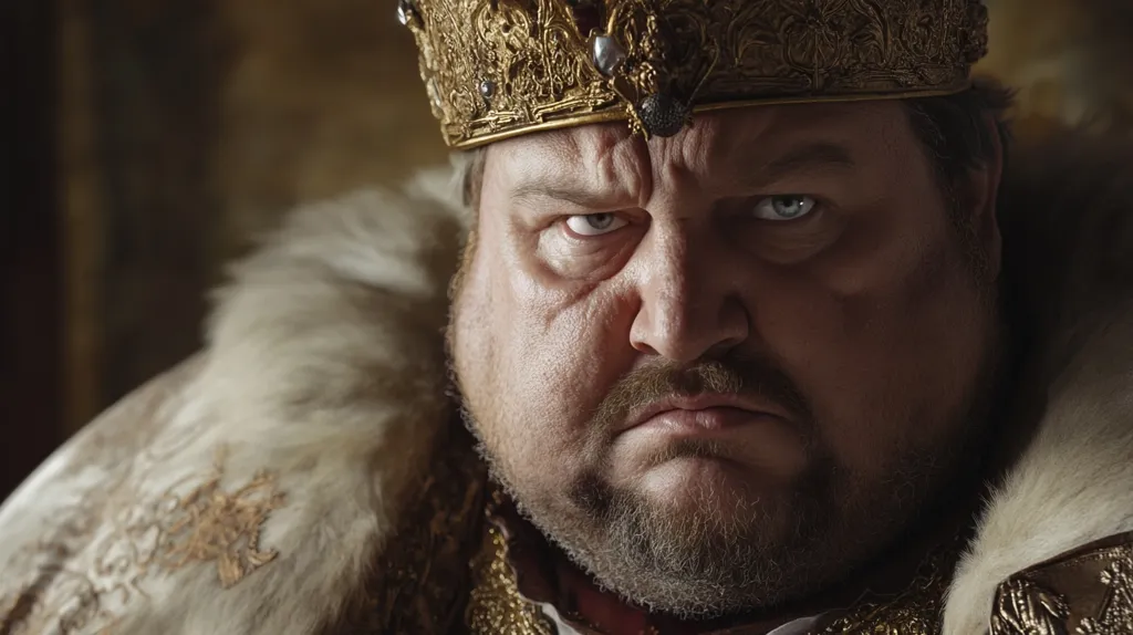 Close-up portrait of a stout, middle-aged king. He wears a heavy, ornate gold crown and a fur-trimmed robe. His face is serious, almost scowling, with narrowed eyes and a firm set to his mouth. The lighting is dramatic, emphasizing the texture of his skin and the details of his regal attire. The overall impression is one of power, perhaps even tyranny, conveyed through both his expression and his regalia.
