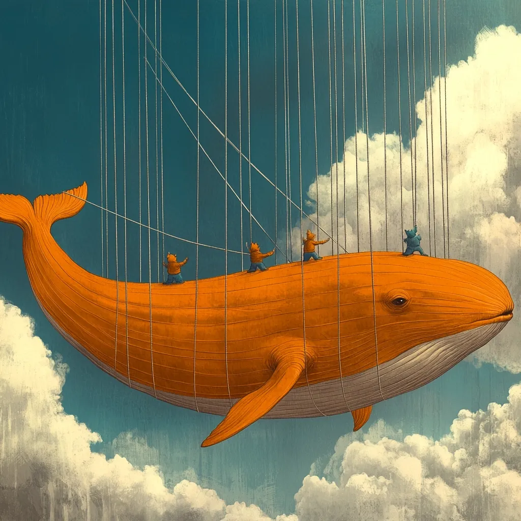 Here's a description of the image:

The artwork depicts a surreal scene of a large, bright orange whale suspended in the sky amidst fluffy white clouds.  Several small, anthropomorphic figures, appearing bear-like in orange and one blue, are positioned atop the whale, each holding onto numerous thin strings that extend upwards, seemingly controlling the whale's levitation. The style is whimsical and dreamlike, with a muted color palette and a slightly textured feel. The overall impression is one of gentle fantasy and perhaps a commentary on control or manipulation.