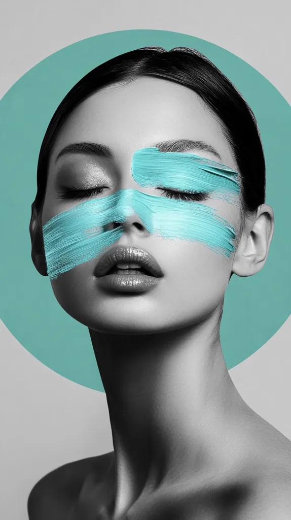 Here's a description of the image:

The image is a stylized portrait of a woman.  Her face is predominantly black and white, with vibrant teal brushstrokes across her eyes and cheeks, creating a striking contrast. Her eyes are closed, and her expression is serene.  A large, pale teal circle frames her head and shoulders against a grey background. The overall effect is a blend of monochrome photography and abstract art, emphasizing both the woman's beauty and artistic expression.  The style is modern and elegant.