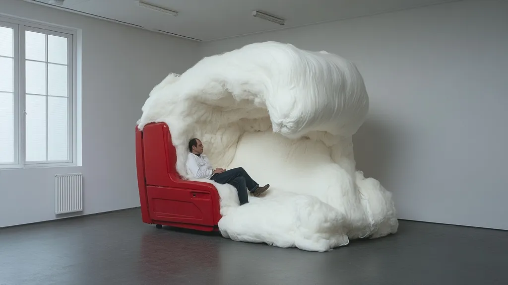A man sits relaxed in a red chair engulfed by a massive, wave-like sculpture of white cotton. The chair and man are partially submerged within the fluffy, cloud-like form, creating a surreal and peaceful scene. The setting is a minimalist, white-walled room with a large window, emphasizing the contrast between the stark architecture and the soft, organic sculpture. The overall effect is one of quiet contemplation and unexpected juxtaposition.