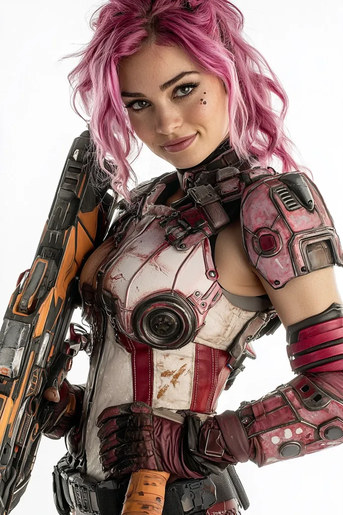 Here's a description of the image:

Close-up of a young woman with vibrant pink hair, styled in loose waves.  She's dressed in a meticulously detailed, futuristic combat outfit; a  red and white bodice with distressed textures suggesting battle wear, and matching armored gauntlets and shoulder pads. The armor exhibits a worn, used aesthetic.  She holds a large, orange and black futuristic weapon against her body, her gaze directed slightly towards the viewer, creating a confident and alluring expression.  Small dark markings are visible near her eyes, adding to the character's sci-fi persona. The background is pure white, focusing all attention on the subject.