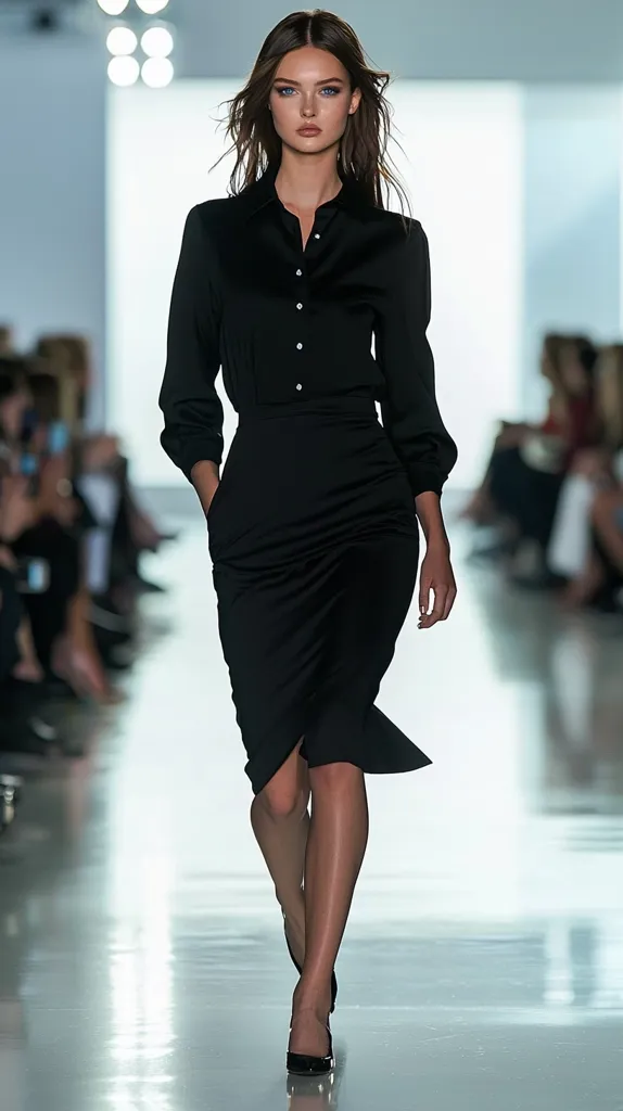 A fashion model strides down a runway in a sleek, all-black ensemble.  The outfit consists of a long-sleeved, button-down shirt and a form-fitting pencil skirt, creating a sophisticated and modern silhouette. Her dark hair is styled loosely, and she wears simple black high heels.  The background is blurred, focusing attention on the model and her attire.  The overall impression is one of elegance and understated power.