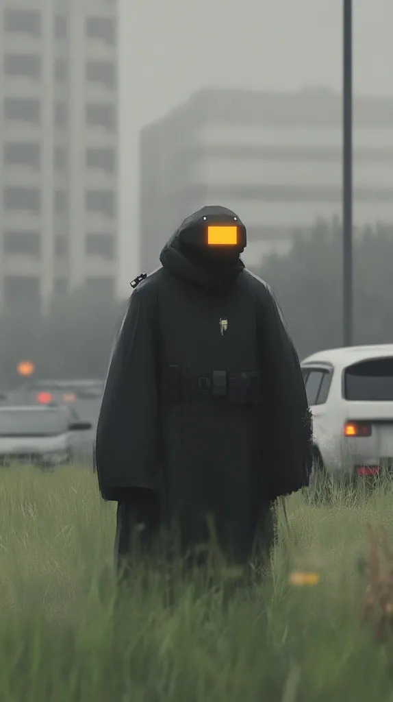 A figure in a dark, hooded cloak stands in tall grass, partially obscured by the greenery.  The cloak's hood conceals the figure's face, except for a glowing orange rectangular panel visible at the head. The background is blurred but shows a city scene with tall buildings under a gray, overcast sky, hinting at a rainy day. A white car is partially visible in the background, suggesting an urban or suburban setting.  The overall mood is mysterious and somewhat futuristic.