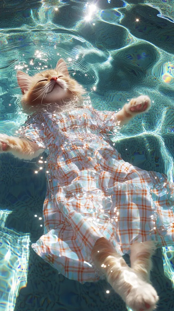 A ginger cat, serenely floating in a swimming pool, is the captivating subject of this image.  The cat is dressed in a light-colored, orange and white checkered dress, its fur partially obscured by the shimmering water. Sunlight filters through the surface, creating sparkling reflections and illuminating the scene. The cat appears relaxed and at peace, its eyes closed, as it effortlessly drifts in the turquoise water.  Bubbles surround the feline, adding to the ethereal quality of the underwater photograph.
