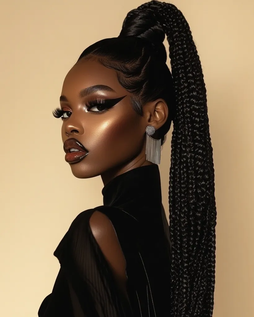 A Black woman with a high, long braided ponytail is the focus of a fashion portrait.  She wears dramatic winged eyeliner and glossy dark lipstick, complementing her smooth, glowing skin.  Her black, high-necked top features sheer, cut-out shoulders.  Delicate silver earrings dangle from her ears against a muted beige background.  The overall effect is one of sleek elegance and striking beauty.