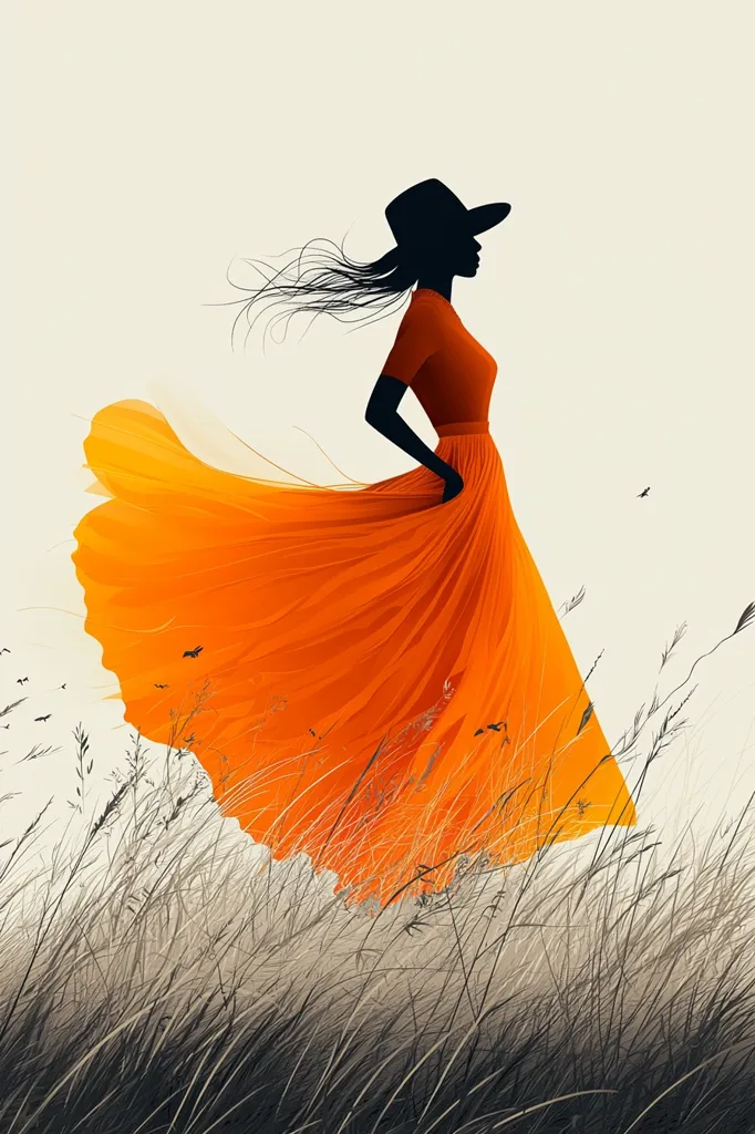 Here's a description of the image:

The illustration showcases a stylized silhouette of a woman, her dark hair flowing in the wind, wearing a wide-brimmed hat and a vibrant, flowing orange dress.  The dress billows dramatically around her, suggesting movement and freedom.  She stands in a field of tall, slender grasses, depicted in muted grayscale, which contrasts sharply with the bold orange of her garment. The overall style is minimalist and evocative, with a focus on shape, color, and the interplay of light and shadow. A few small birds are subtly included in the background.