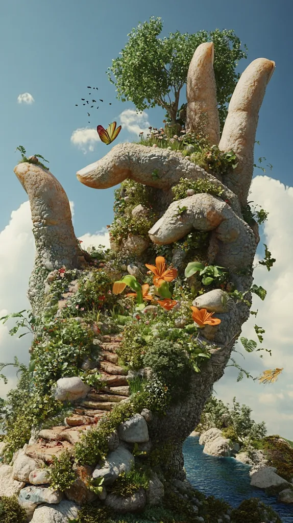 Here's a description of the image:

A digital rendering depicts a colossal stone hand, overgrown with lush vegetation, forming a miniature, vibrant ecosystem.  A small tree sprouts from the hand's center, while a winding stone staircase leads down from its peak.  Various plants and flowers flourish amongst moss-covered rocks. Butterflies and small birds flit in the clear blue sky above. The hand is situated on the edge of a tranquil body of water, framed by more rocks and greenery. The overall scene evokes a magical, surreal sense of nature reclaiming and transforming an artificial structure.