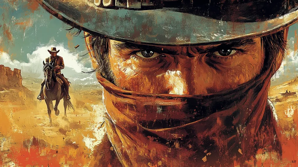 Here's a description of the image:

The artwork is a stylized depiction of a Western scene.  Dominating the foreground is a close-up of a weathered cowboy's face, partially obscured by a bandana, his intense gaze directed forward.  His expression is one of hardened determination.  In the background, a smaller figure on horseback rides across a barren desert landscape, under a partly cloudy sky. The overall style is painterly, using rich, earthy tones of ochre, brown, and rust, conveying a sense of dust and heat. The contrast between the intimate close-up and the distant rider creates a powerful visual narrative. The image's texture is rough and textured, suggestive of age and the harsh environment.