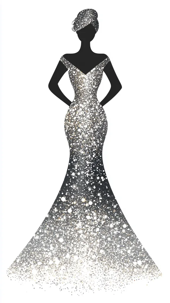 The image shows a silhouette of a woman in a sparkling silver gown.  The dress is a floor-length mermaid style, with a sweetheart neckline and off-the-shoulder sleeves.  The silhouette is elegant and poised, with hands resting on the hips.  The gown's sparkle creates a gradient effect, darker at the top and gradually lightening towards the hem, giving the impression of glitter or sequins.  The overall style is glamorous and sophisticated.