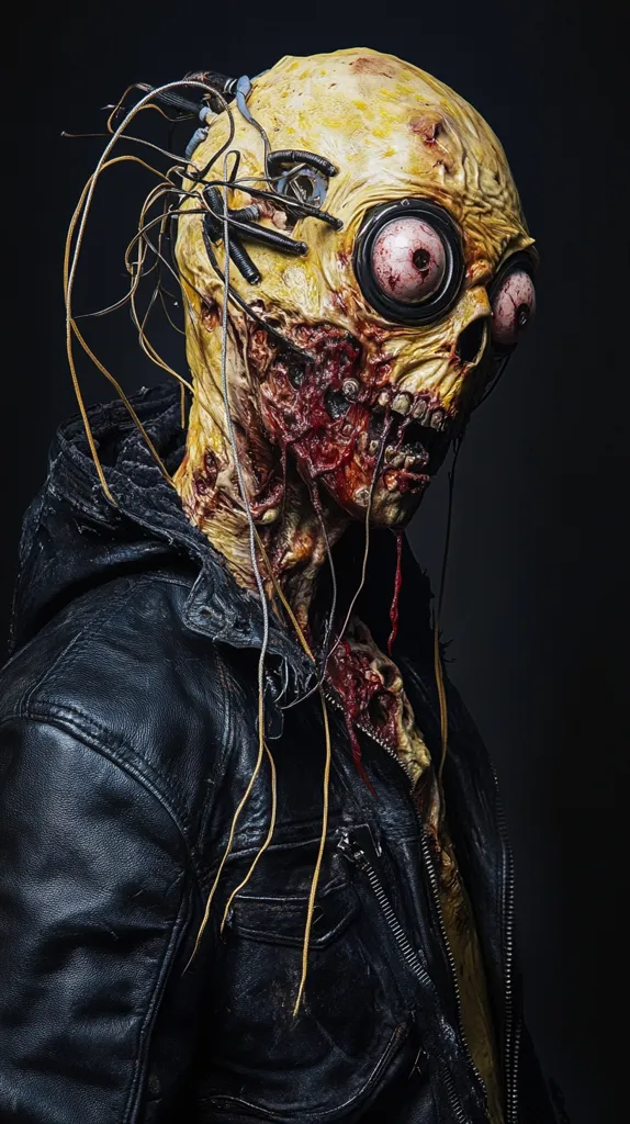 Here's a description of the image:

The image showcases a striking close-up of a figure, seemingly a character from a horror or science fiction context.  The figure's head is a grotesque blend of decaying flesh, exposed bone, and mechanical components, with wires extending from its skull.  Large, bulging, mechanical eyes are prominent features.  The figure's skin is yellowed and ravaged, showing signs of severe decay and wounds. It's wearing a worn black leather jacket, adding a post-apocalyptic or cyberpunk aesthetic. The overall effect is disturbing yet captivating, a masterful example of special effects makeup.