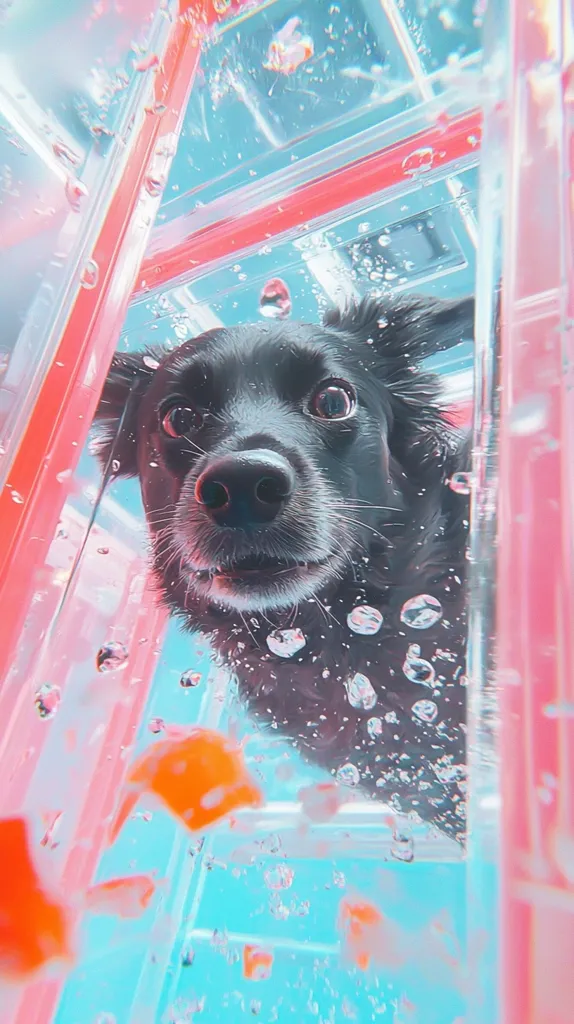 Here's a description of the image:

Close-up underwater view of a black dog's face, seemingly submerged in a transparent, aqua-colored tank or enclosure.  The tank is constructed of pink and clear plastic panels, creating a geometric pattern around the dog.  Bubbles rise around the dog, which looks slightly surprised.  Orange-toned objects are visible in the water, possibly toys or parts of the tank's structure. The overall aesthetic is bright and playful, with a surreal underwater feel due to the distortion of the plastic and the bubbles.