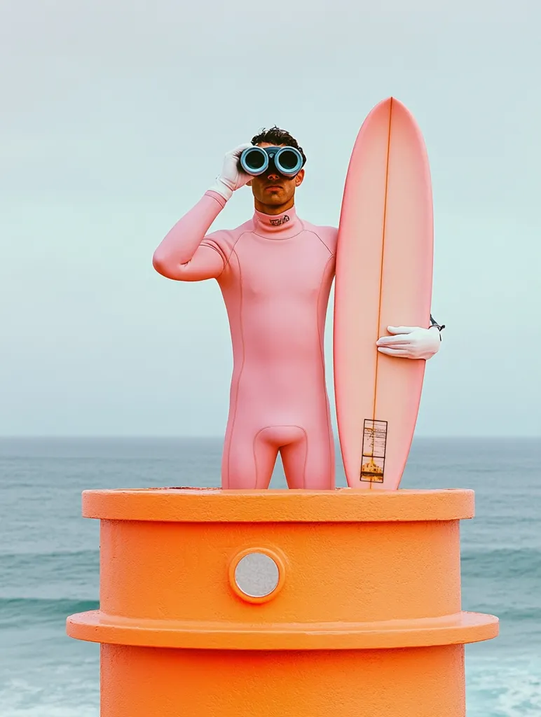 Here's a description of the image:

A man in a pink wetsuit stands on an orange cylindrical structure overlooking the ocean. He holds a pink surfboard under his right arm and uses binoculars with white gloves.  The man's pose suggests a watchful, expectant attitude. The overall color scheme is vibrant, with the pink and orange contrasting against the muted blue of the sea and grey sky. The scene has a slightly surreal, almost artistic feel.