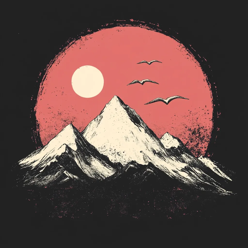 Here's a description of the image:

The artwork depicts a minimalist landscape featuring a range of snow-capped mountains silhouetted against a large, textured, salmon-pink circle suggestive of a setting or rising sun.  A smaller, off-white circle representing the moon is visible within the larger one. Three stylized birds fly across the pink disc. The style is graphic and somewhat abstract, with a blend of hand-drawn and digital techniques creating a textured, slightly grunge effect. The overall mood is serene and evocative of a peaceful, remote setting.