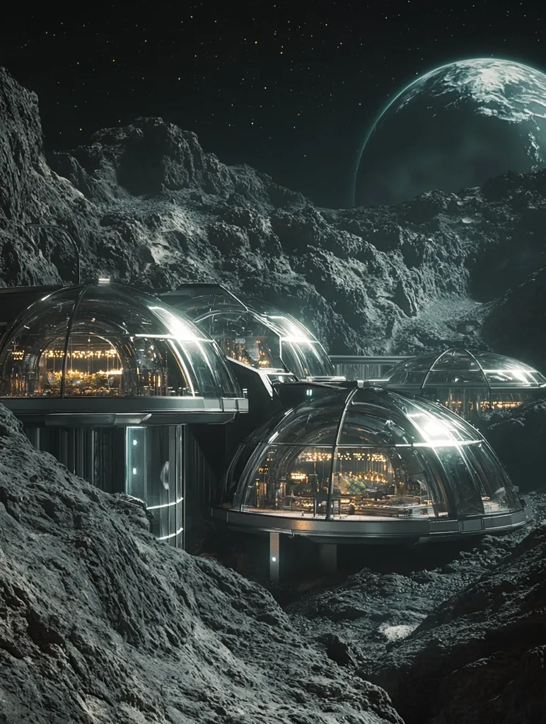 Here's a description of the image:

The image depicts a futuristic lunar colony nestled amongst rugged, grey lunar rocks.  Three geodesic dome structures, illuminated from within, suggest habitable modules.  The domes are connected by dark metallic walkways, creating a complex yet sleek design. A large, partially visible Earth hangs in the dark night sky above, emphasizing the remote location of this space settlement. The overall aesthetic is dark, technological, and somewhat desolate, hinting at a pioneering human presence on the moon.