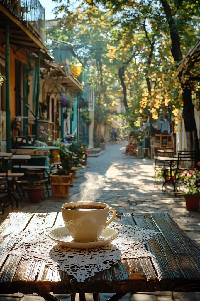 A steaming cup of coffee sits on a rustic wooden table, adorned with a delicate lace doily.  The table is situated outdoors on a sun-drenched cobblestone street lined with charming, colorful buildings.  Lush greenery and trees frame the scene, creating a peaceful and idyllic ambiance. The background is softly blurred, drawing focus to the inviting cup of coffee and the tranquil atmosphere of a quaint European street.