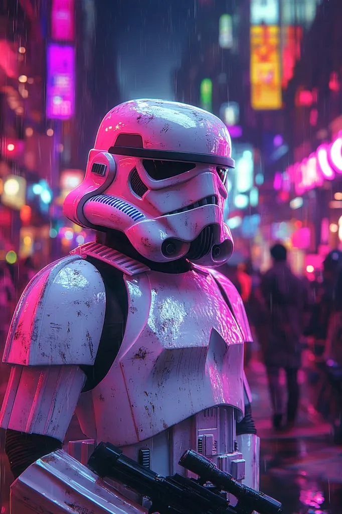 A weathered, stormtrooper helmet and armor stand out against a backdrop of a rain-soaked, neon-lit city.  The pink and purple hues of the city lights reflect on the trooper's armor, giving it a vibrant, almost ethereal glow.  The stormtrooper holds a blaster rifle, and the overall atmosphere is one of cyberpunk grit and sci-fi fantasy. Rain streaks down, adding to the image's dystopian feel.  The contrast between the iconic Star Wars imagery and the futuristic urban setting is striking.