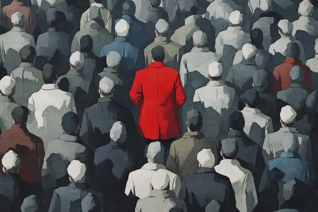 A single figure in a vibrant red coat stands out amidst a sea of individuals dressed in muted gray and white.  The crowd is densely packed, their backs to the viewer, creating a sense of anonymity and uniformity. The red coat is a stark contrast, drawing immediate attention and suggesting themes of individuality, standing out from the crowd, or perhaps even rebellion. The painting style is somewhat impressionistic, with visible brushstrokes contributing to the overall mood.