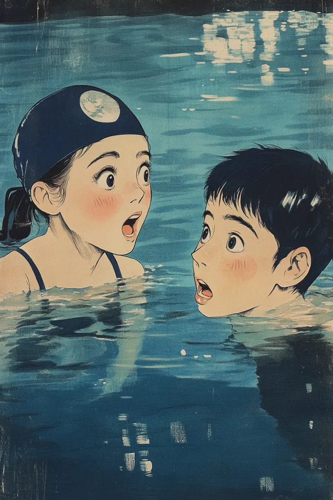 Here's a description of the image:

The illustration showcases two young individuals, a girl and a boy, submerged in a swimming pool.  The girl, wearing a dark blue swimming cap adorned with a circular emblem, displays a look of surprised wonder. The boy, with dark hair, mirrors her expression of astonishment.  Their faces, rendered in a style reminiscent of Japanese woodblock prints, feature delicate details and blushing cheeks. The water is depicted with a textured, impressionistic quality, conveying movement and light reflecting on its surface. The overall color palette is dominated by cool blues and greens, enhancing the tranquil yet intriguing atmosphere.