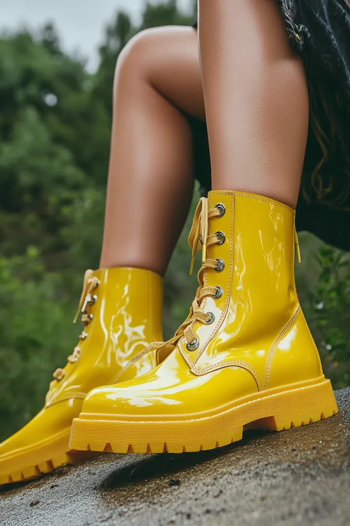 A close-up shot shows a person's legs and feet wearing a pair of bright yellow, shiny, lace-up boots. The boots have thick, chunky soles and appear to be made of patent leather. The person is sitting outdoors with a blurred background of green foliage, suggesting a natural setting. The overall impression is one of cheerful, bold style in a relaxed outdoor scene.