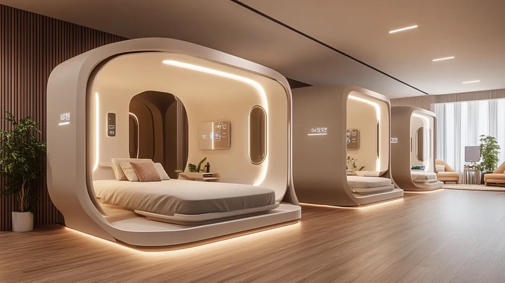 The image shows two futuristic sleeping pods in a modern, minimalist room.  Each pod is a curved, off-white structure with integrated lighting and a small control panel.  A bed sits within each pod, featuring simple bedding.  The pods are positioned in a spacious room with light wood flooring, and a seating area is visible in the background.  The overall aesthetic is clean, serene, and technologically advanced.