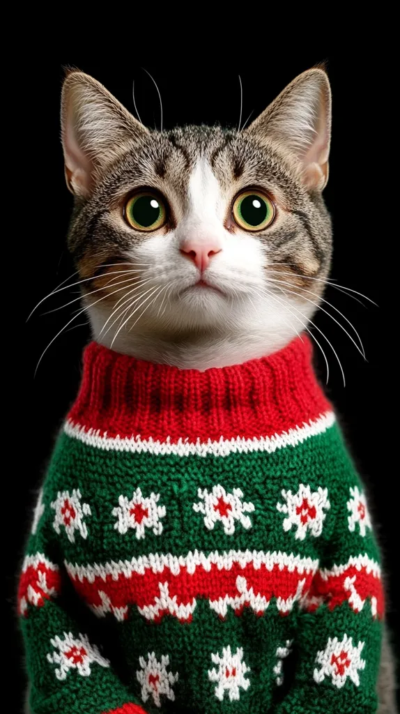 A grey and white tabby cat with striking green eyes is the focus of this close-up shot.  It's adorably dressed in a festive, hand-knitted Christmas sweater. The sweater is predominantly green with red and white snowflake patterns. The cat looks directly at the camera, with a slightly surprised expression, set against a stark black background.  The image is crisp and well-lit, highlighting the cat's fur and the intricate details of the sweater.