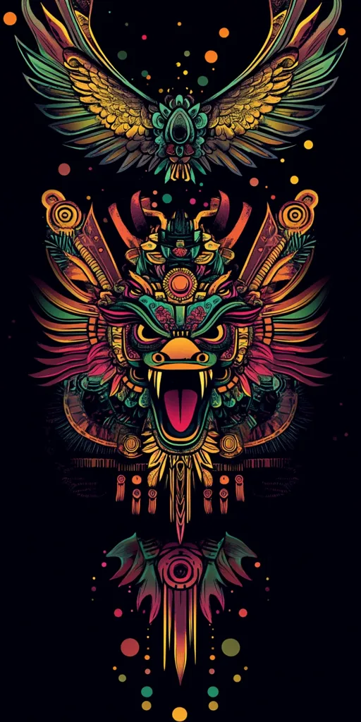 The image is a vibrant, stylized artwork depicting a central, fierce-looking, bird-like creature's head, possibly a mythical being.  The creature's head is adorned with intricate, geometric patterns in a bold color palette of greens, oranges, and purples.  Above it, a pair of large, detailed wings are spread, and below, decorative elements descend to a pointed bottom. The overall style evokes Aztec or Mayan art and symbolism, set against a black background sprinkled with colorful dots. The piece is visually striking, full of bold lines and rich color contrast.