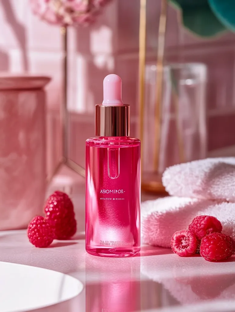 A bottle of ASOMINOR Vitamin Essence sits on a pink marble surface.  The vibrant pink serum is in a clear glass bottle with a rose gold dropper top.  Fresh raspberries are scattered nearby, enhancing the image's luxurious and beauty-focused aesthetic. Soft pink and white background elements, including towels and blurred floral accents, contribute to a spa-like atmosphere. The overall impression is one of sophisticated skincare.