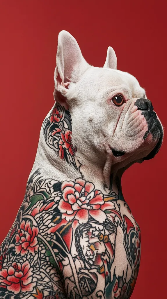 Here's a description of the image:

Close-up view of a white French Bulldog, positioned in profile against a solid red background.  The dog is notably adorned with intricate, full-color tattoos covering its body. The tattoos feature a traditional Japanese style, with prominent red peonies and black-ink detailing forming a flowing design across its shoulders and neck.  The dog's expression is calm and its gaze is directed slightly away from the viewer. The contrast between the dog's white fur and the vibrant tattoos is striking.