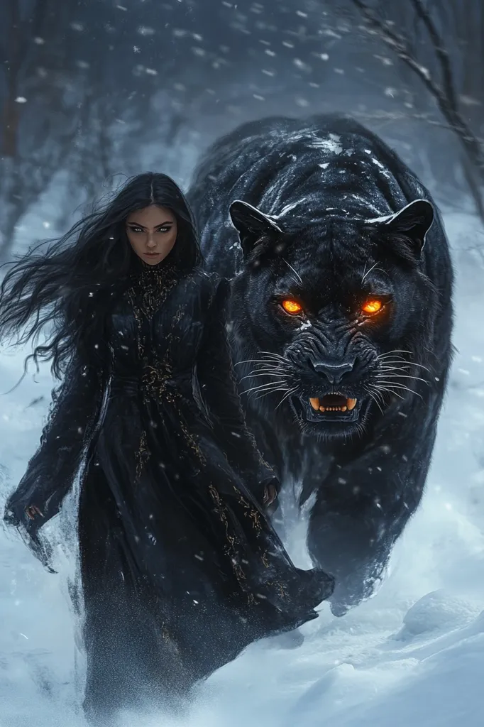 A dark-haired woman in a long, black, ornate gown walks through a snowy, wintry landscape alongside a massive black panther.  The panther's eyes glow with an orange light, and its expression is fierce. Snow falls around them, creating a mystical and somewhat ominous atmosphere. The woman and the panther appear to be bonded, perhaps sharing a magical connection. The scene is richly detailed and evocative of fantasy art.
