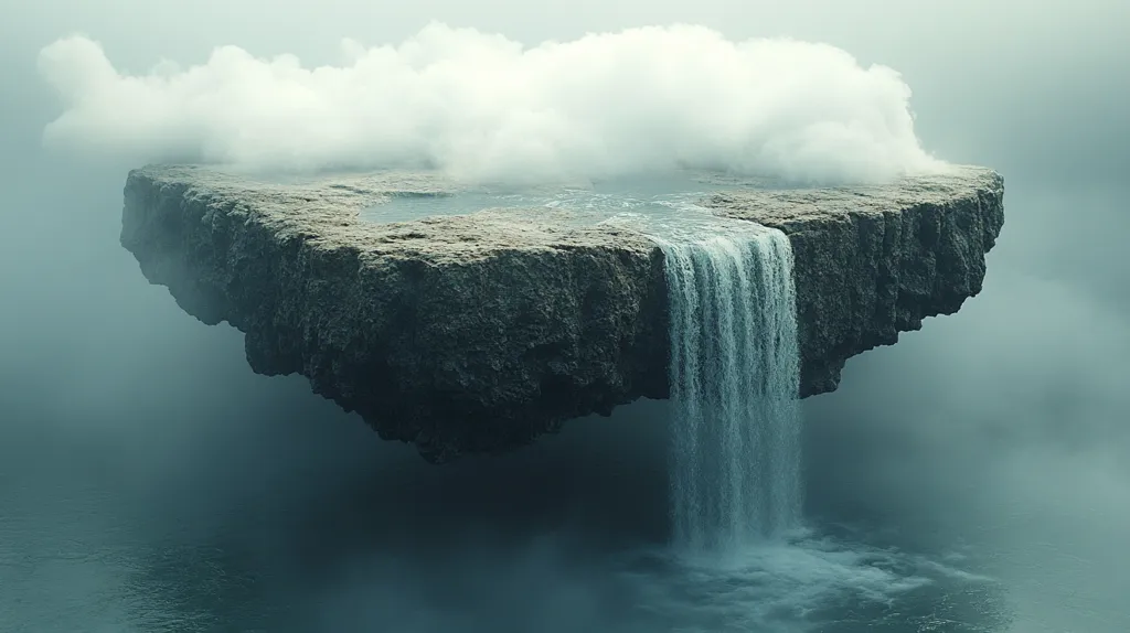 A digital rendering depicts a surreal, floating island.  The island, a rectangular plateau of dark grey rock, hovers above a misty, teal ocean.  A waterfall cascades from its edge, disappearing into the water below.  A substantial cloud rests atop the island, adding to the ethereal and dreamlike atmosphere. The overall color palette is muted and cool, creating a sense of mystery and tranquility.