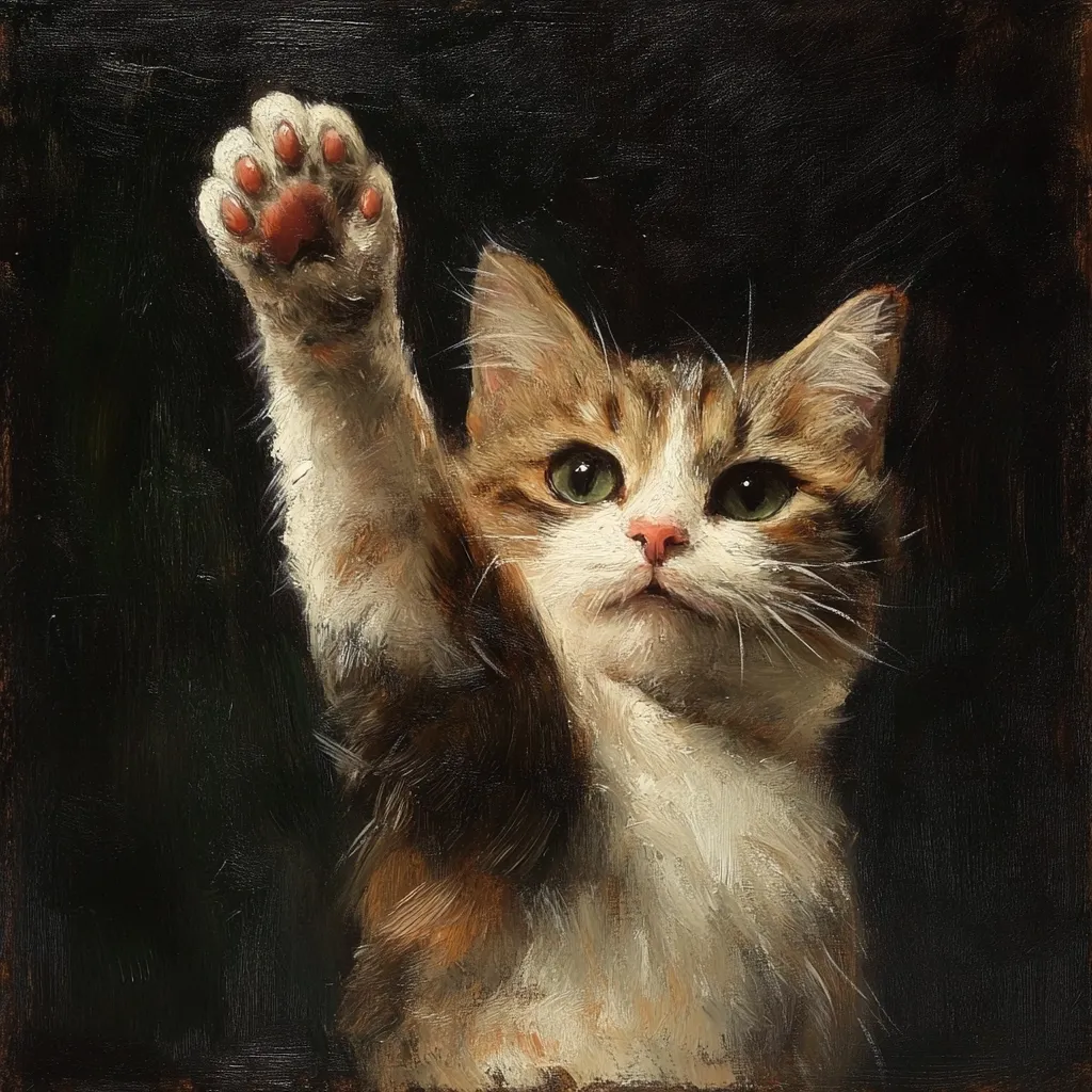 The painting depicts a charming calico kitten reaching upward with one paw raised, its pink paw pads visible. The kitten's fur is a blend of orange, brown, and white, with expressive green eyes. The background is a dark, almost black, providing a stark contrast to the kitten's lighter coat. The style is reminiscent of classical oil painting, with visible brushstrokes contributing to the texture and depth of the fur. The overall mood is playful and endearing.