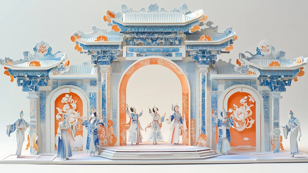 This intricate paper model depicts a scene of Chinese opera. A stunning, ornate archway, predominantly white and blue with orange accents, forms the centerpiece. The archway is detailed with traditional Chinese architectural motifs and floral patterns. Within the archway, three female dancers in elaborate blue and white costumes perform, while other figures, likely musicians or attendants, stand at the sides. The overall style is delicate and visually rich, suggestive of porcelain or fine china. The model is a three-dimensional representation of a stage setting, showcasing superb craftsmanship.