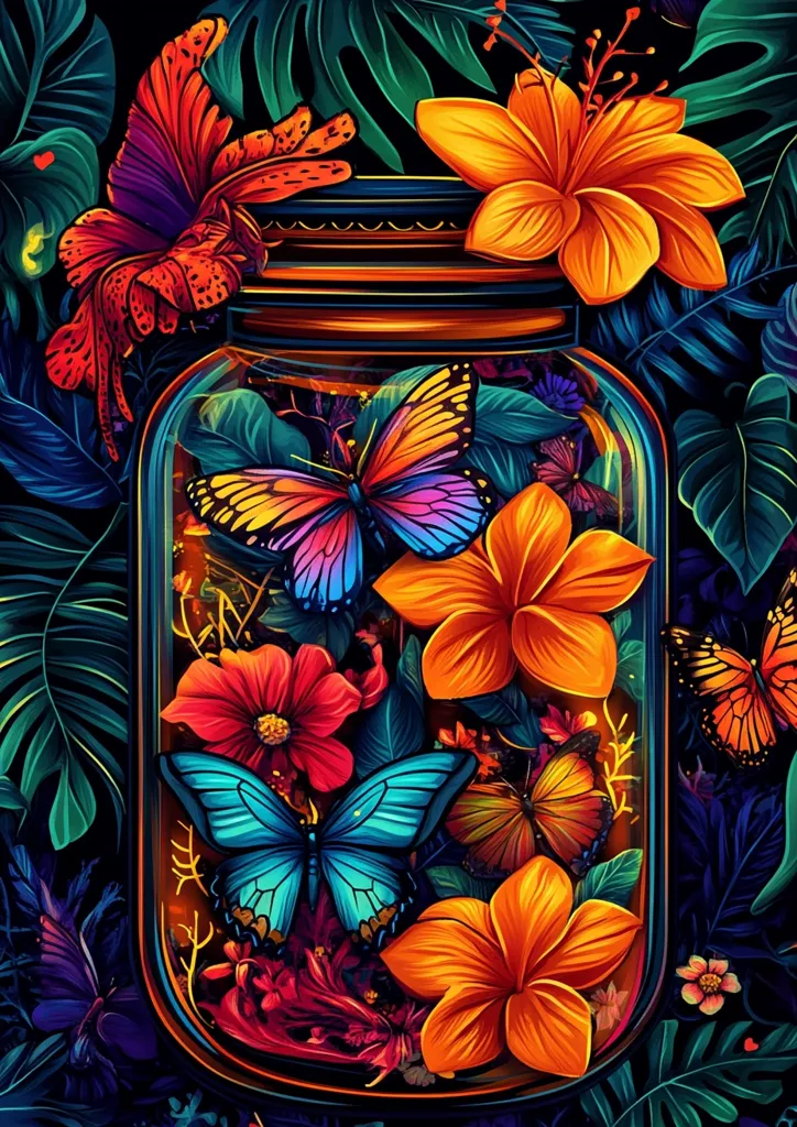 A vibrant, stylized illustration depicts a mason jar overflowing with tropical flowers and butterflies.  The jar's glass is filled with bright orange and red hibiscus-like blooms, deep red flowers, and several colorful butterflies, including a prominent teal and a multicolored one.  Lush, dark green foliage surrounds the jar, adding depth and contrast to the bright, almost neon colors of the flowers and insects.  A large, fiery-orange butterfly rests outside the jar, completing the tropical scene. The overall style is digital painting with a strong emphasis on saturated colors and bold lines.