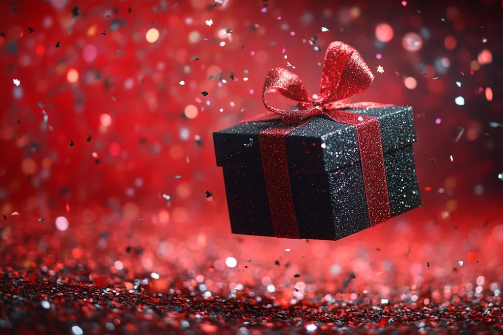 A black, glitter-covered gift box with a red ribbon floats amidst a shower of red and silver confetti.  The background is a blurred, vibrant red, creating a festive and celebratory atmosphere.  The box appears to be suspended in mid-air, suggesting a magical or whimsical feel. The overall image is rich in texture and color, conveying excitement and anticipation.