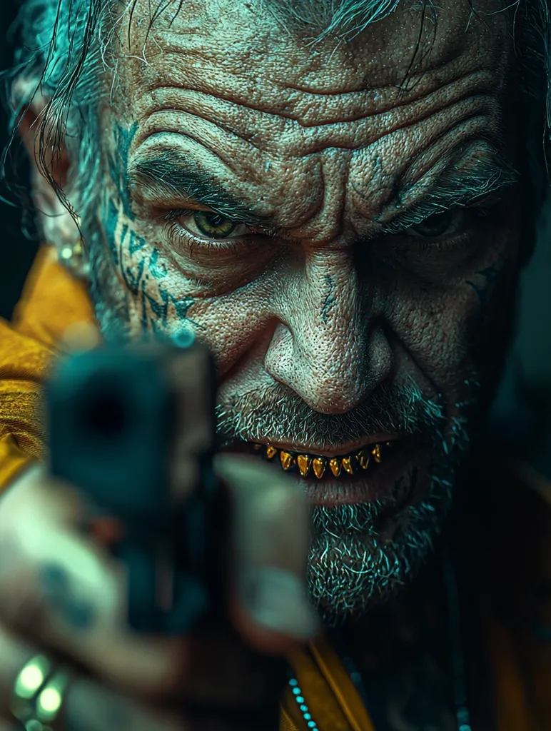 Close-up view of a menacing, older man with heavily wrinkled skin, numerous facial tattoos, and gold teeth. He is holding a handgun pointed directly at the viewer. His expression is fierce and aggressive, his eyes narrowed in a glare. He wears a mustard-yellow jacket, and a chain is visible around his neck. The overall tone is dark and gritty, emphasizing a sense of danger and violence. The image is sharply focused on his face and the gun.
