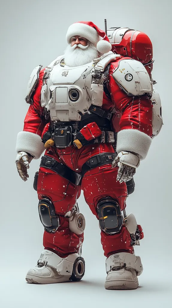 Here's a description of the image:

A futuristic depiction of Santa Claus is shown, clad in a red and white mechanized suit reminiscent of power armor.  The suit is detailed with technological elements, including various panels, lights, and what appear to be small jet thrusters on his boots.  His traditional Santa hat and long white beard remain, juxtaposing the high-tech attire.  He carries a large, similarly colored backpack, completing the sci-fi Santa aesthetic. The overall style suggests a digital rendering or 3D model, with a clean, smooth finish. The background is a simple, neutral gray.