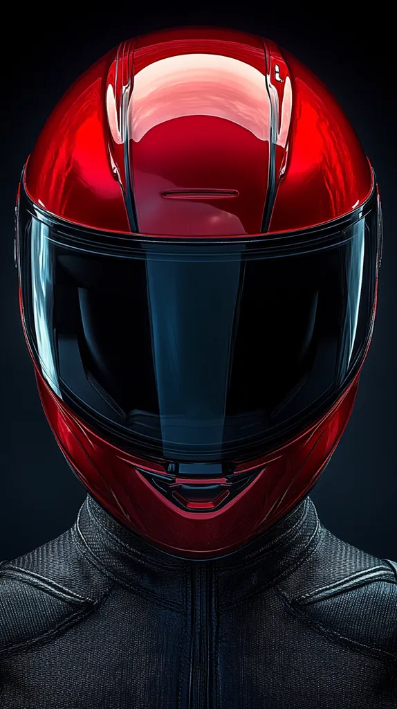 Close-up view of a person wearing a vibrant red, glossy motorcycle helmet.  The helmet has a dark visor and sleek, black detailing. The rider's black leather or textile jacket is partially visible, suggesting a focus on safety and speed. The image has a dark, moody background that emphasizes the helmet's bold color and reflective surface. The overall impression is one of power, style, and protection.