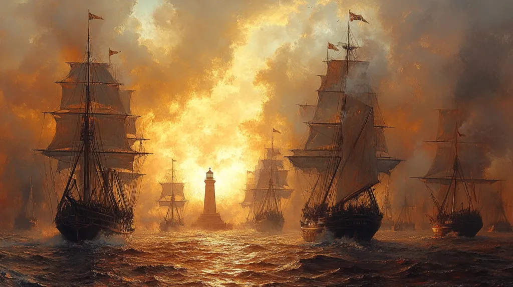 A dramatic seascape depicts numerous tall ships sailing toward a solitary lighthouse at sunset.  The sky is ablaze with fiery oranges and yellows, casting a warm glow on the water and the vessels.  The ships, with full sails, appear majestic and numerous, suggesting a fleet or convoy navigating towards safety or a destination guided by the lighthouse's beacon.  The overall mood is one of adventure, perhaps hinting at a historical maritime scene.