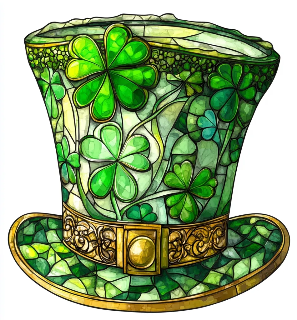 Here's a description of the image:

The image showcases a whimsical, stained-glass-style top hat, predominantly green and gold.  The hat's crown is densely covered with shamrocks of varying sizes, creating a vibrant, textured surface.  The hatband is ornate gold, featuring intricate detailing and a central, circular gold buckle. The overall style suggests a festive, possibly St. Patrick's Day, theme. The design is highly detailed, mimicking the look of a handcrafted stained-glass piece, with light shining through the varied shades of green.