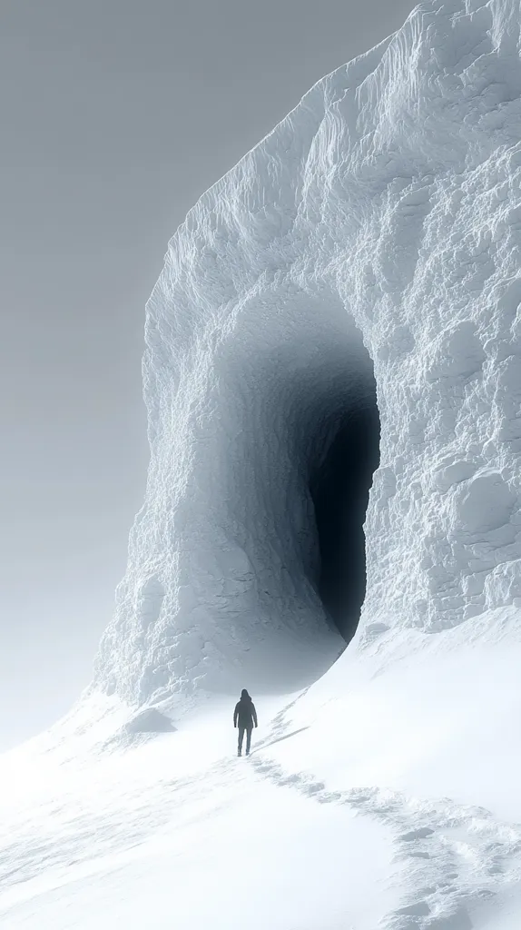 A lone figure in dark clothing walks along a snow-covered path towards a large, ice-carved tunnel.  The tunnel is formed within a towering, white, snow-laden cliff face, creating a dramatic and somewhat ominous scene. The sky is a muted grey, adding to the stark, cold atmosphere.  Footprints in the snow lead directly to the tunnel's entrance, suggesting a journey into the unknown. The overall mood is one of isolation and mystery.