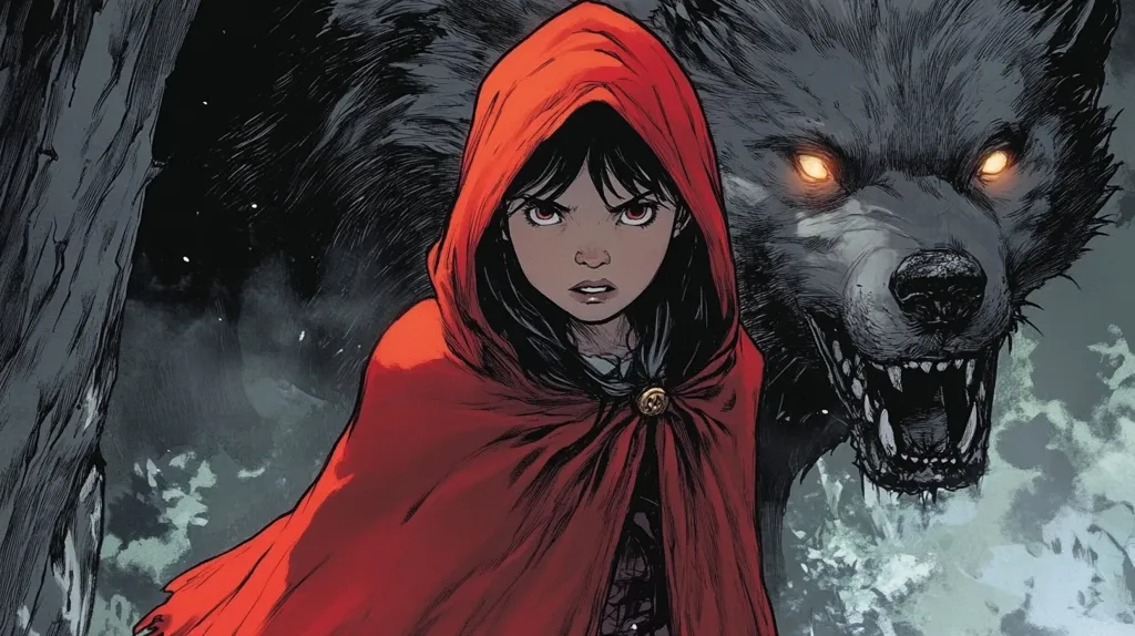 Here's a description of the image:

The image is a dark, stylized depiction of Little Red Riding Hood.  A young girl with dark hair, wearing a vibrant red hooded cloak, stands defiantly before a large, menacing wolf with glowing yellow eyes. The wolf's mouth is agape, revealing sharp teeth. The background is a moody, atmospheric blend of grays and blacks, suggesting a dark forest setting. The artistic style is reminiscent of graphic novels or comic books, with detailed linework and shading that creates a sense of drama and tension. The girl's expression is one of determination or fearlessness, contrasting with the wolf's predatory glare.