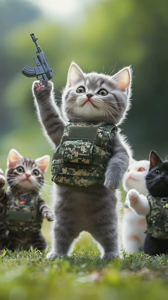 Here's a description of the image:

A gray kitten, the central focus, stands defiantly on a grassy field. It's dressed in a miniature camouflage tactical vest and holds a toy assault rifle aloft in its raised paw.  Two other kittens, one tabby and one black and white, are slightly blurred in the background, also wearing camouflage vests. The scene is whimsical, contrasting the cute kittens with military attire, creating a humorous and slightly surreal image.  The background is softly focused, showing a green, out-of-focus natural setting.
