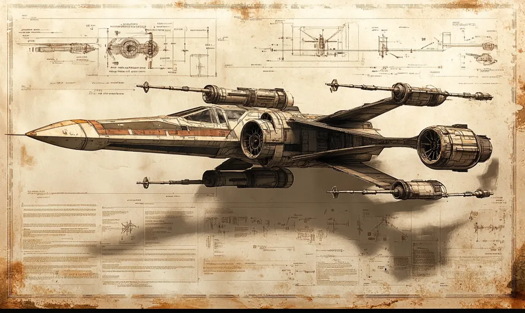 This image depicts a detailed blueprint-style illustration of an X-wing starfighter from the Star Wars universe.  The spacecraft is rendered in sepia tones, giving it an aged, archival feel.  Surrounding the central image are numerous technical diagrams and specifications, reminiscent of engineering schematics. The overall effect is one of a historical document showcasing the design and construction of this iconic starship. The background is a parchment-like texture, further enhancing the vintage aesthetic.