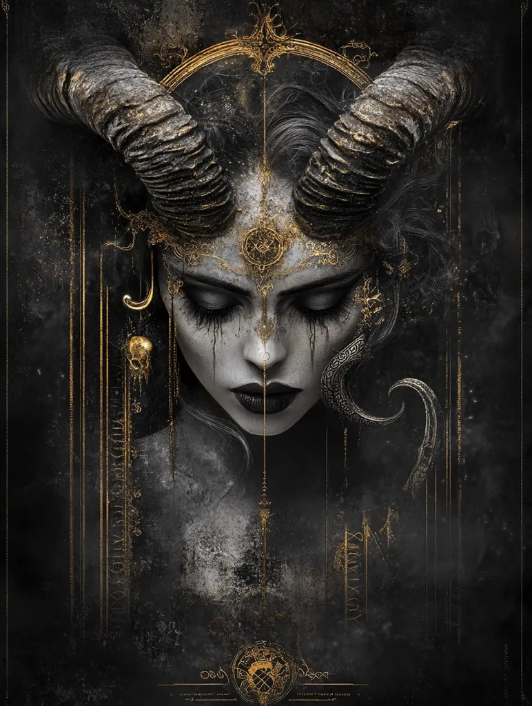 Here's a description of the image:

The artwork depicts a dramatic, dark-fantasy portrait of a woman.  She possesses large, curving horns, gilded in gold, framing a face with pale skin, dark eyes closed, and dark lipstick.  Her head is adorned with an ornate, gold headdress and intricate detailing suggests a mystical or demonic aesthetic. The background is a dark, textured canvas with gold accents forming vertical lines, adding to the overall sense of mystery and grandeur. The style is gothic, with a focus on contrast between light and dark elements. The overall effect is both captivating and unsettling.