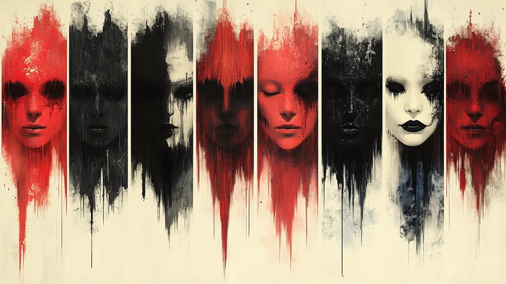 The artwork depicts eight stylized female faces arranged in a row.  Each face is rendered in a fragmented, dripping style, primarily using red and black tones, with one featuring a white mask.  The faces are emotionally evocative, exhibiting a range of expressions from serene to anguished. The background is a muted beige, allowing the vibrant colors and textures of the faces to stand out. The overall effect is one of haunting beauty and unsettling mystery.