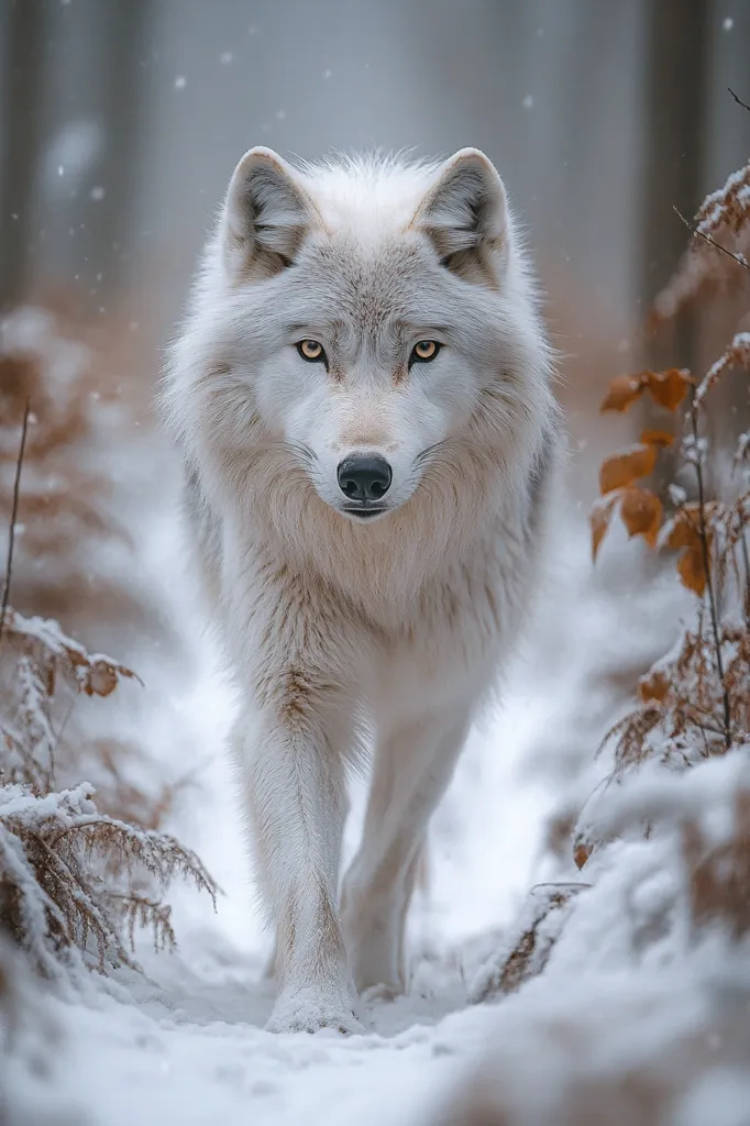 A majestic Arctic wolf strides through a snowy woodland.  Its thick, white fur contrasts beautifully with the muted browns and grays of the winter landscape.  The wolf's gaze is direct and intense, its golden eyes piercing the viewer.  Snowflakes gently fall, adding to the serene, yet wild, atmosphere.  The image evokes a sense of both power and tranquility.