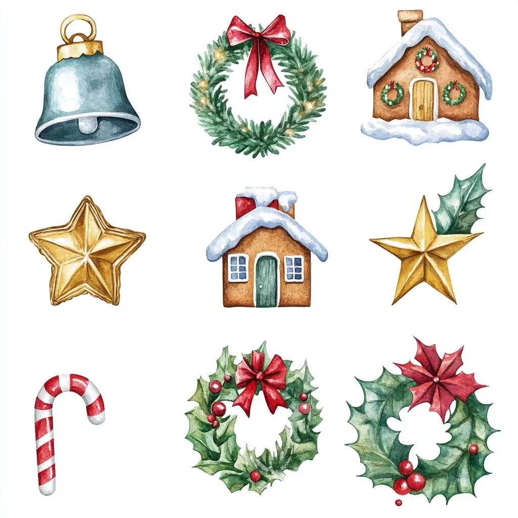 This watercolor illustration showcases a collection of nine festive Christmas icons.  Included are a teal bell, a fir wreath with a red bow, a gingerbread house dusted with snow, a gold star, a second gingerbread house, a holly-adorned gold star, a candy cane, a holly wreath with a red bow, and a poinsettia-decorated holly wreath. Each element is rendered in vibrant detail against a clean white background.